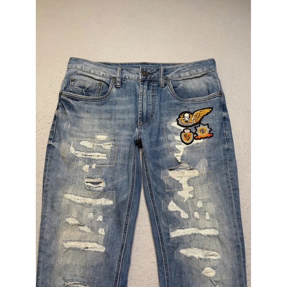 Buffalo David Bitton Jeans Mens 32x32 Blue Distressed Patched Straight Leg Denim